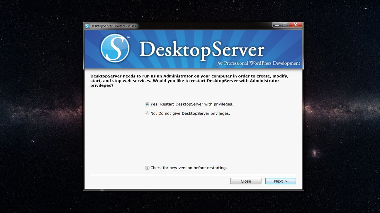 Pantalla de instalación de DesktopServer