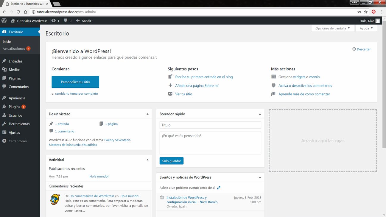 Captura de pantalla escritorio de WordPress