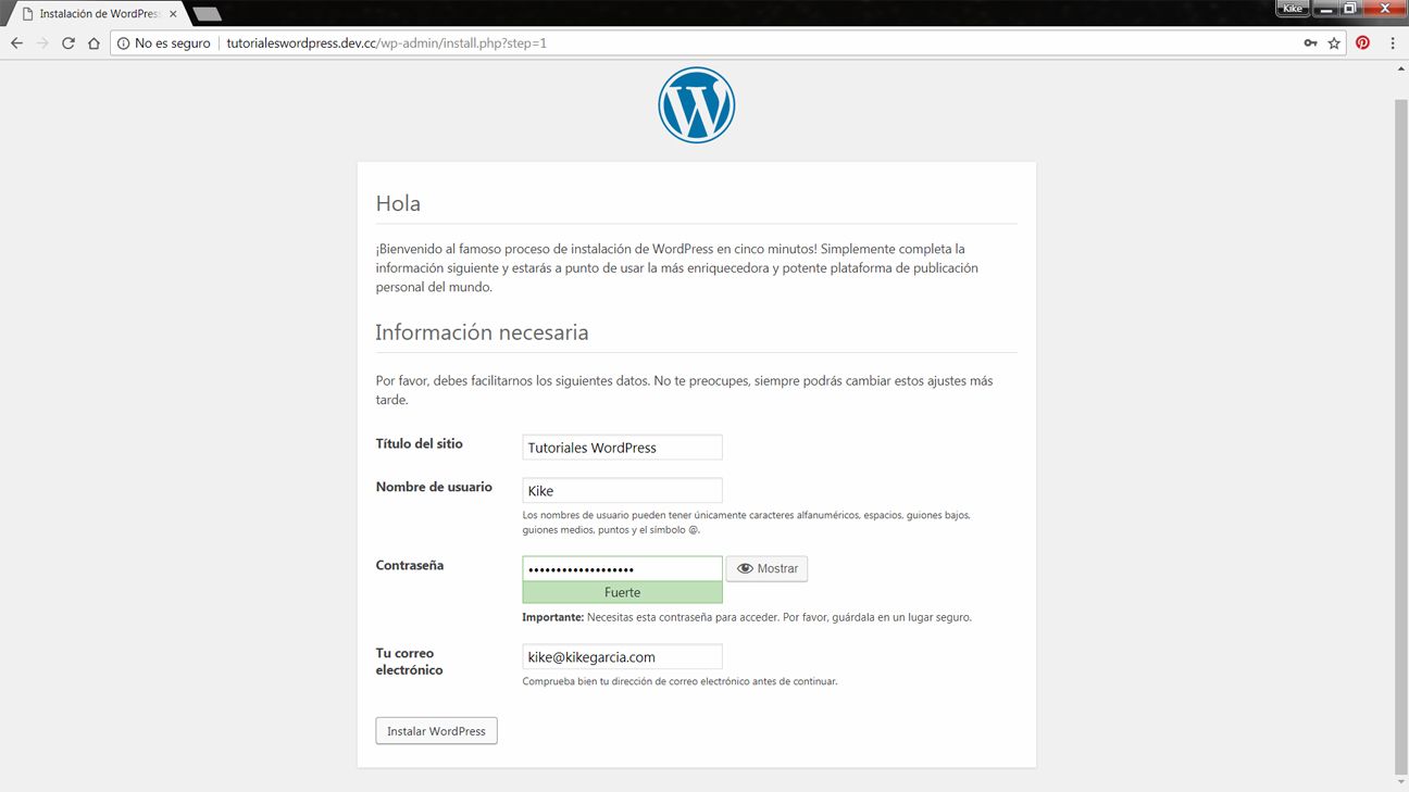 Formulario de configuracion de WordPress