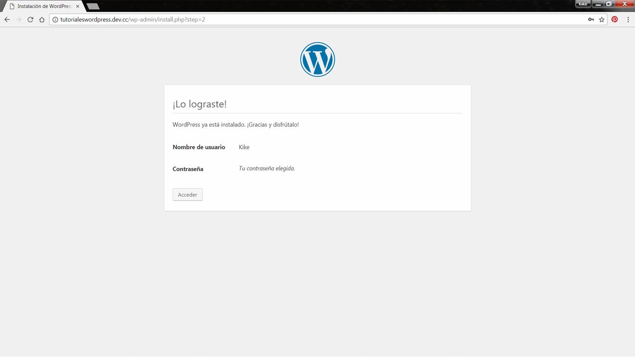 Pantalla de exito en la instalacion de WordPress