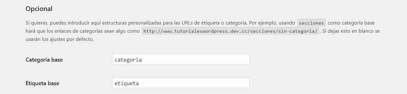 Ajustes de categoría y etiqueta base