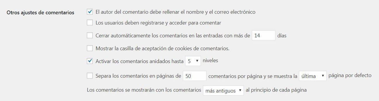 Otros ajustes de comentarios