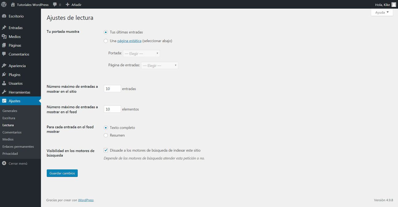 Captura de pantalla sección ajustes de lectura