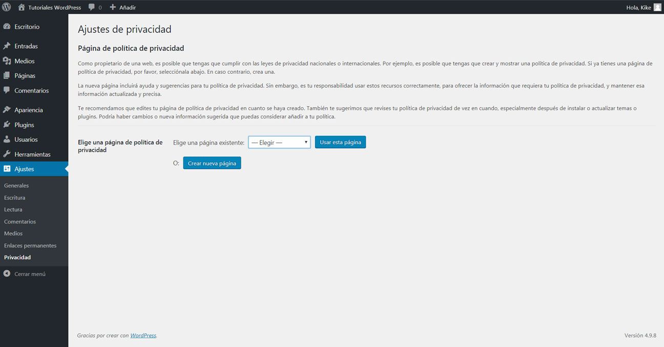 Ajustes de página de privacidad